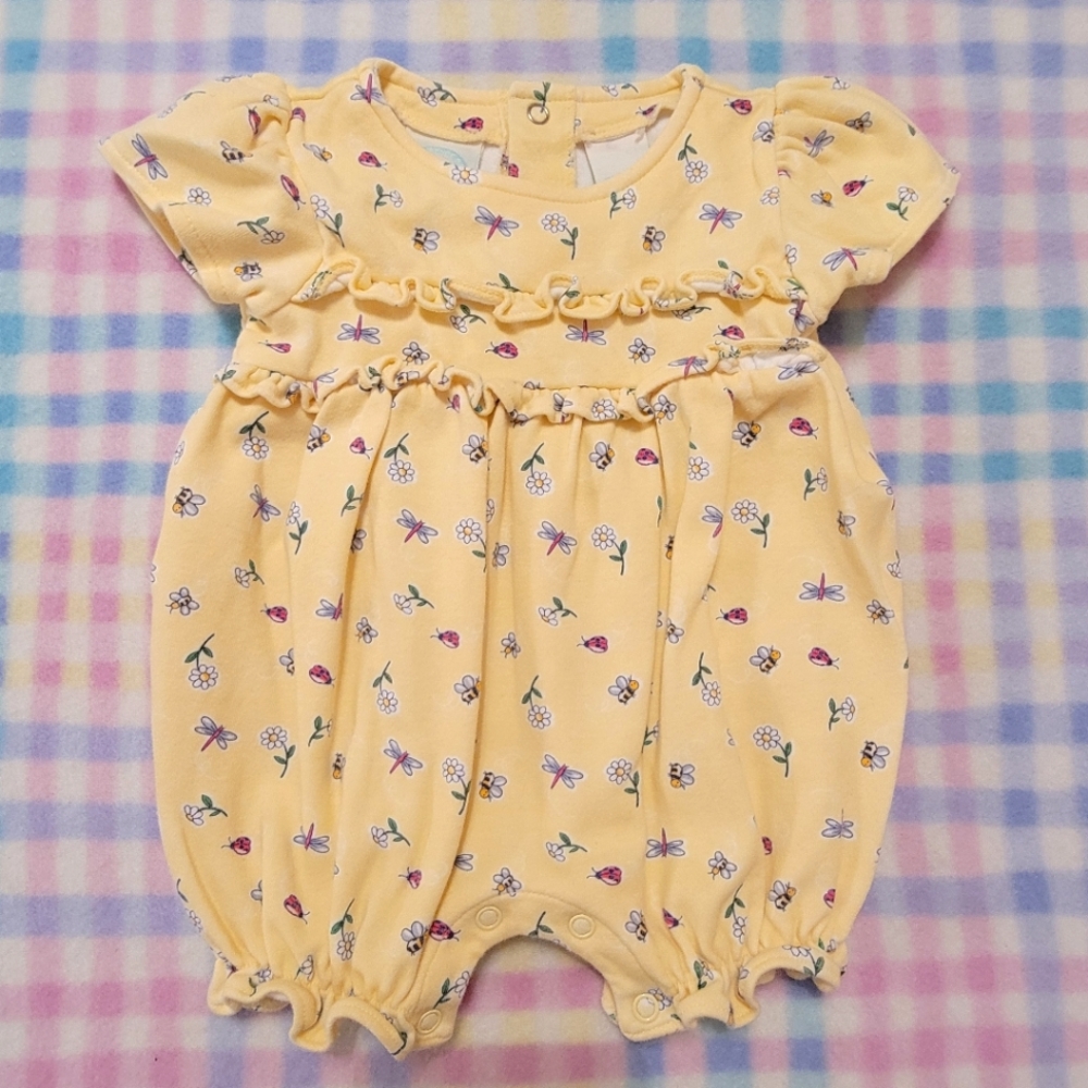 CC BABY 🐞 Vintage Yellow Mini Floral Insects Ruffled Short Sleeve Romper 0-3M